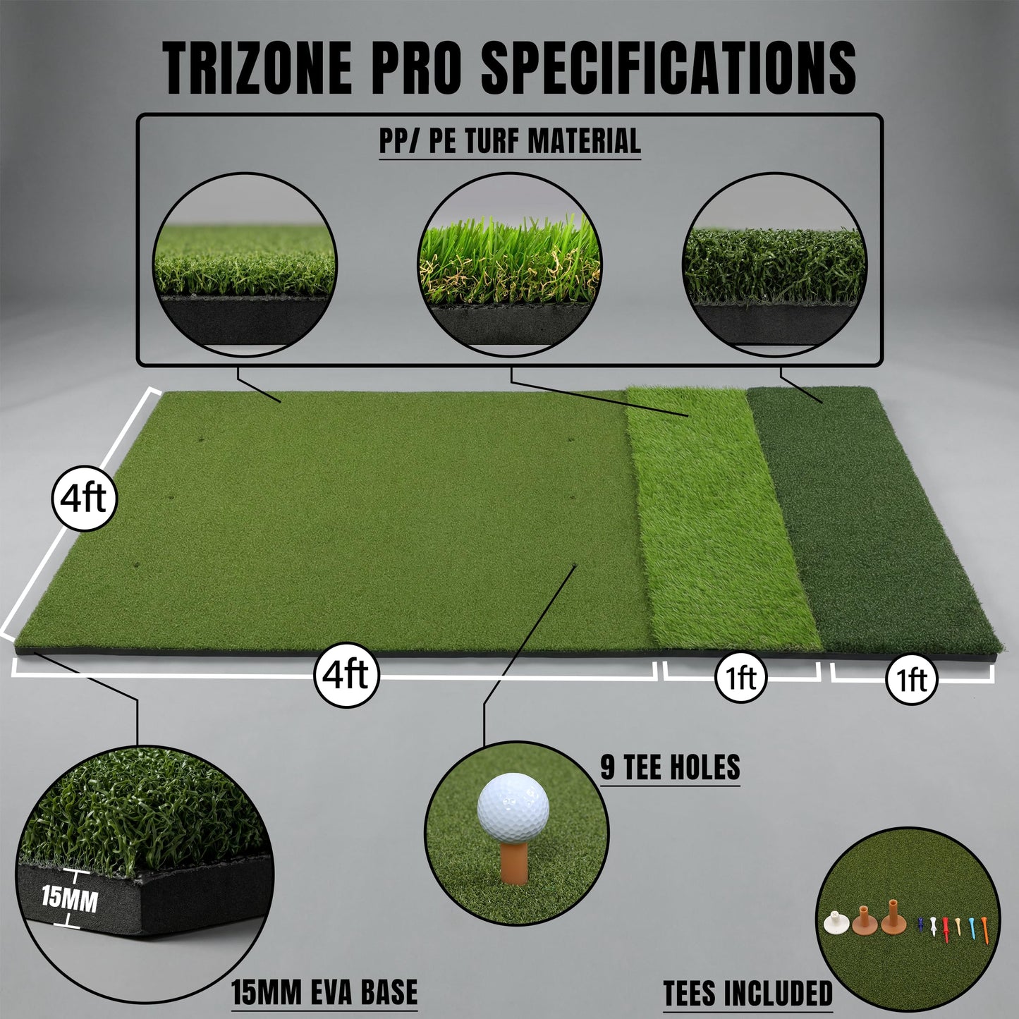 TriZone Pro - 6x4ft Premium Golf Mat | Tri Turf Golf Hitting Mat | Golf Mats Practice Indoor, Outdoor, with Simulator | Thick Base | Extra Large Size | Durable Golf Practice Mat with Tees