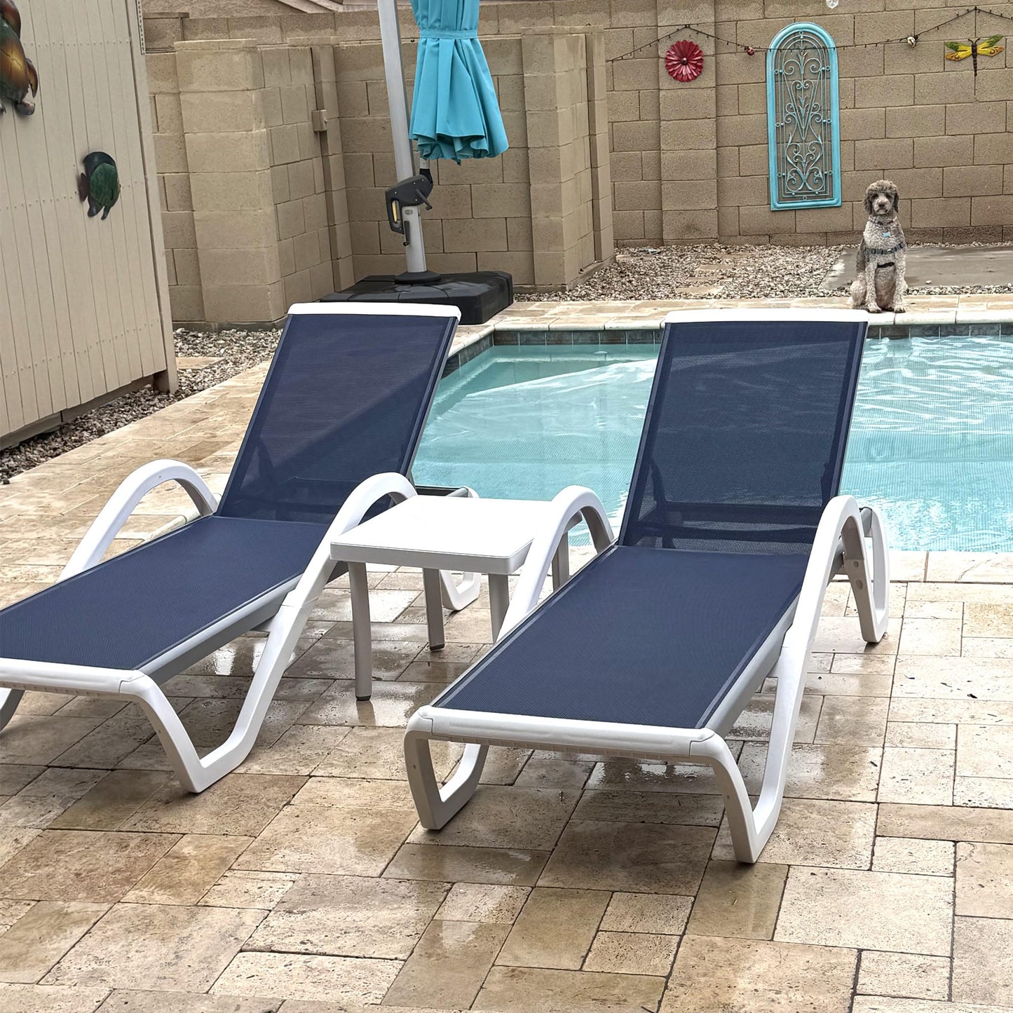 PURPLE LEAF Patio Chaise Lounge Chair Set of 3 Outside Aluminum Plastic Stackable Tanning Chairs with Armrests and Side Table for Pool Sunbathing Beach Deck Outdoor Lounger, Navy Blue