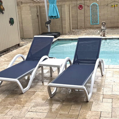 PURPLE LEAF Patio Chaise Lounge Chair Set of 3 Outside Aluminum Plastic Stackable Tanning Chairs with Armrests and Side Table for Pool Sunbathing Beach Deck Outdoor Lounger, Navy Blue