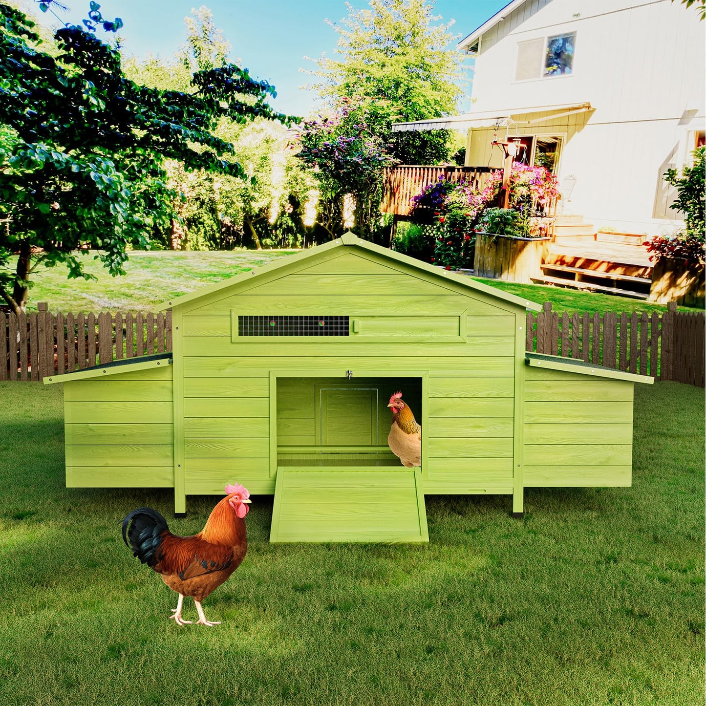 KEIKI Large Wooden Chicken Coop for 6-8 Chickens, Outdoor Hen House, Poultry Pet Hutch Cage with 2 Nesting Boxes, 2 Free-Range Doors, Perch, Pull-Out Tray, Green
