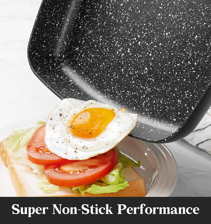 KOCH SYSTEME CS Nonstick Grill Pan 11 Inch, Marble Coating Square Grill Pan with Lid, Ultimate Nonstick Square Skillet with Bakelite Handle, Compatible with All Stovetops, Toxic-Free, 11 Inch