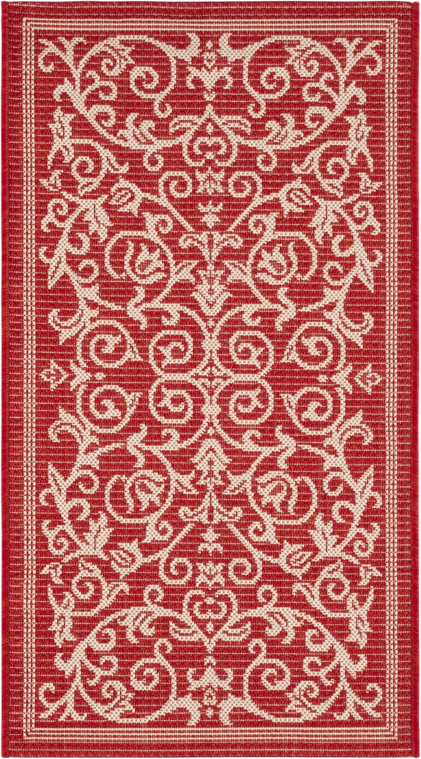 SAFAVIEH Courtyard Collection Accent Rug, 2' x 3'7", Red & Natural, Scroll Design, Non-Shedding, Indoor/Outdoor Washable