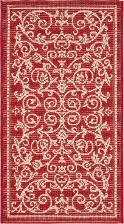 SAFAVIEH Courtyard Collection Accent Rug, 2' x 3'7", Red & Natural, Scroll Design, Non-Shedding, Indoor/Outdoor Washable