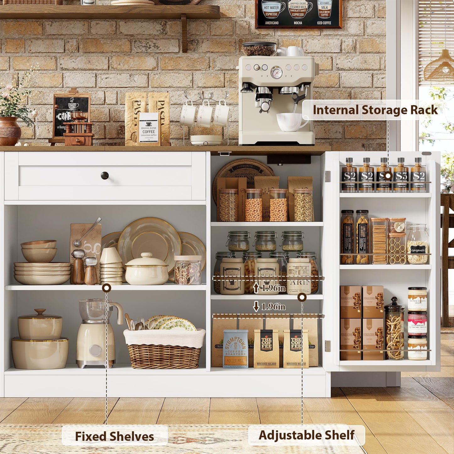HOSTACK Multifunctional Storage Cabinet - 59" Buffet Cabinet with Charging Station, Large Kitchen Buffet Sideboard with Rolling Cart, Farmhouse Coffee Bar Cabinet with Drawers for Dining Room, White