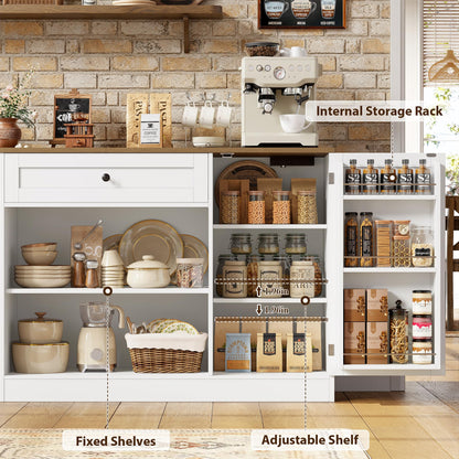 HOSTACK Multifunctional Storage Cabinet - 59" Buffet Cabinet with Charging Station, Large Kitchen Buffet Sideboard with Rolling Cart, Farmhouse Coffee Bar Cabinet with Drawers for Dining Room, White
