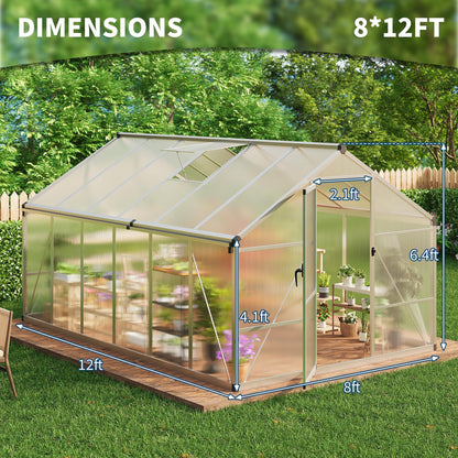 8x12 FT Greenhouse for Outdoors, Polycarbonate Greenhouse with Roof Vent, Ground Nails, Lockable Push Door, Aluminum Large Walk-in Green House for Outside Garden Backyard, Patio, Lawn, Silver