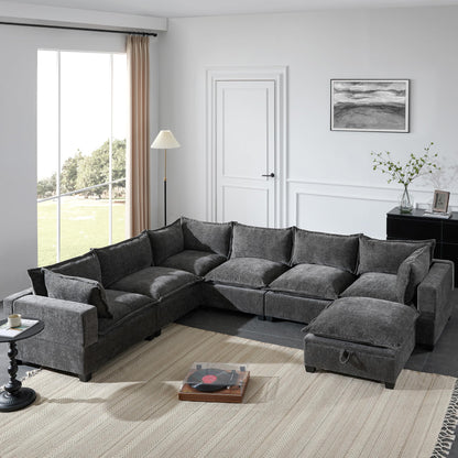Merax Modern Oversized U-Shaped Sectional Sofa with Piollows & Chaise Lounge, Chenille 7-Seat Couch Set Sleeper Bed with Storage Ottoman for Living Room Gray