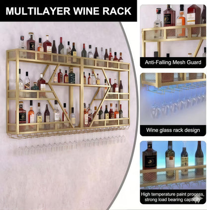 79in Wall Mounted Liquor Shelves with LED Lights, Industrial Metal Wall Bar Rack with Wine Glass Holder, Large Bottle Display Shelf for Home Kitchen (Gold)