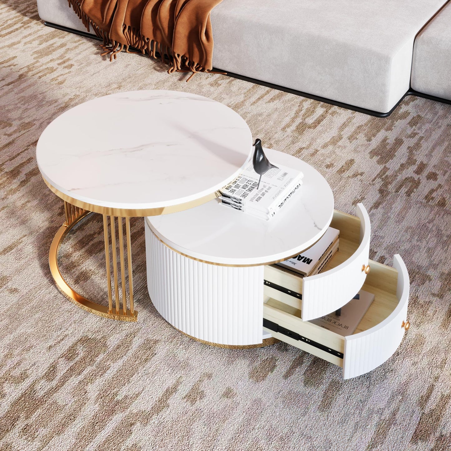 Merax 27.6'' Round Nesting Coffee Table, Modern with 2 Large Drawers Storage, Gold Finish End Tables for Living Room Apartment, Gold+White