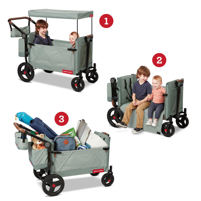 Radio Flyer Atlas Stroll 'N Wagon, Sage Green, for Ages 1+, 3-in-1 Push or Pull Versatility, One-Hand Fold, UV Canopy, 5-Point Harnesses, Storage Capabilities, Rubber Wheels, Stroller Wagon for Kids