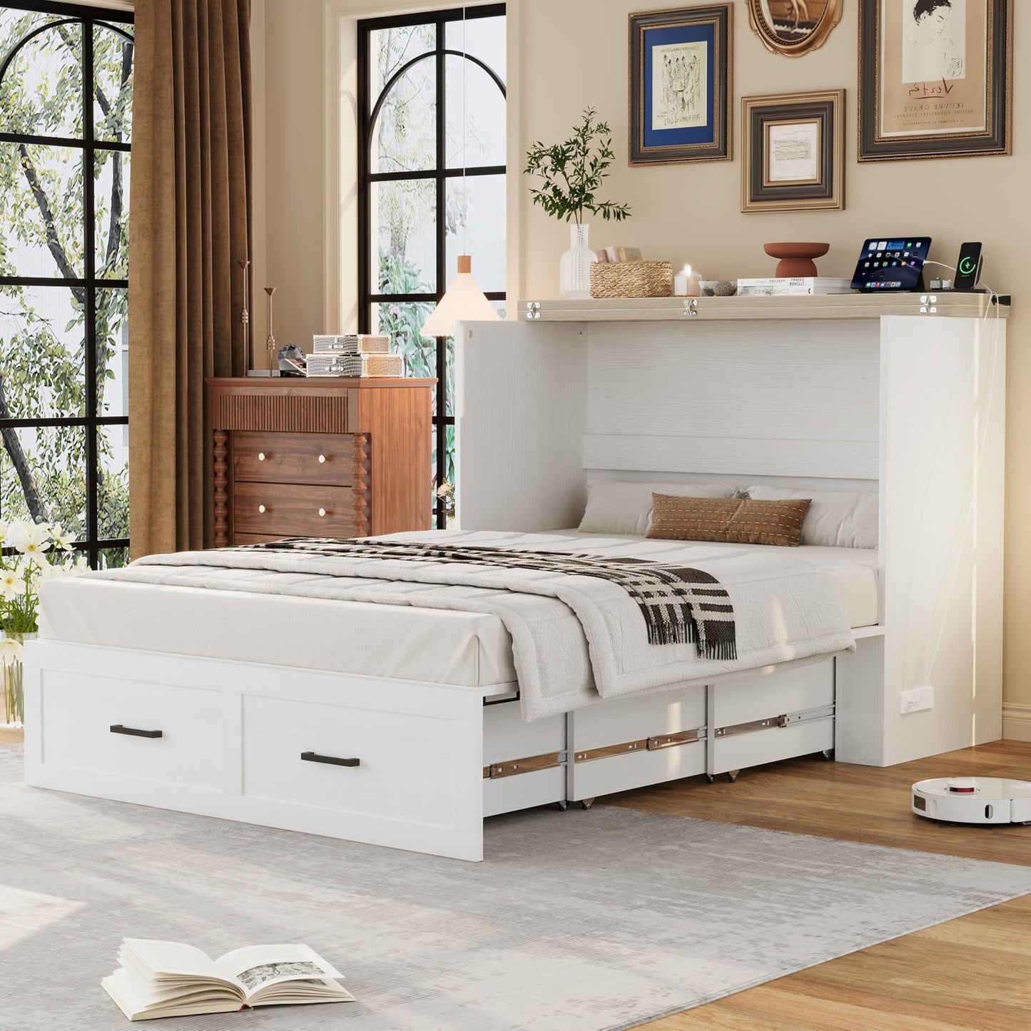 Ball & Cast Murphy Bed Full Size with Charging Station,Farmhouse Murphy Cabinet with Large Storage Drawer,Hideaway Bed Foldable Platform Bed for Guest Room, Apartment, White
