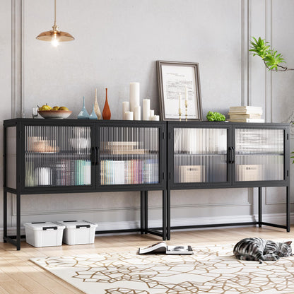 GAOMON Buffet Cabinet with Glass Doors, Sideboard with Adjustable Shelves, Freestanding Storage Cabinet for Kitchen, Living Room, Dining Room, Black