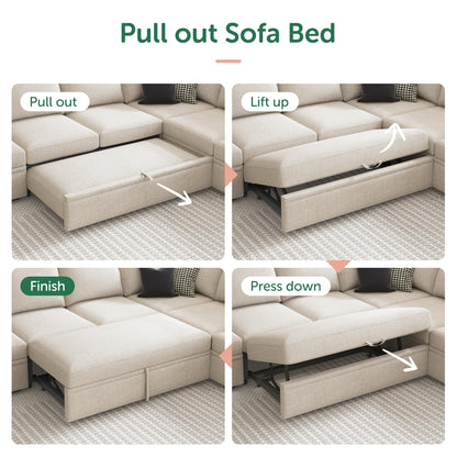 HONBAY Sleeper Sectional Couch with Pull Out Bed, Modular Sofa with Storage Seats, U Shaped Sectional Couches for Living Room, Beige