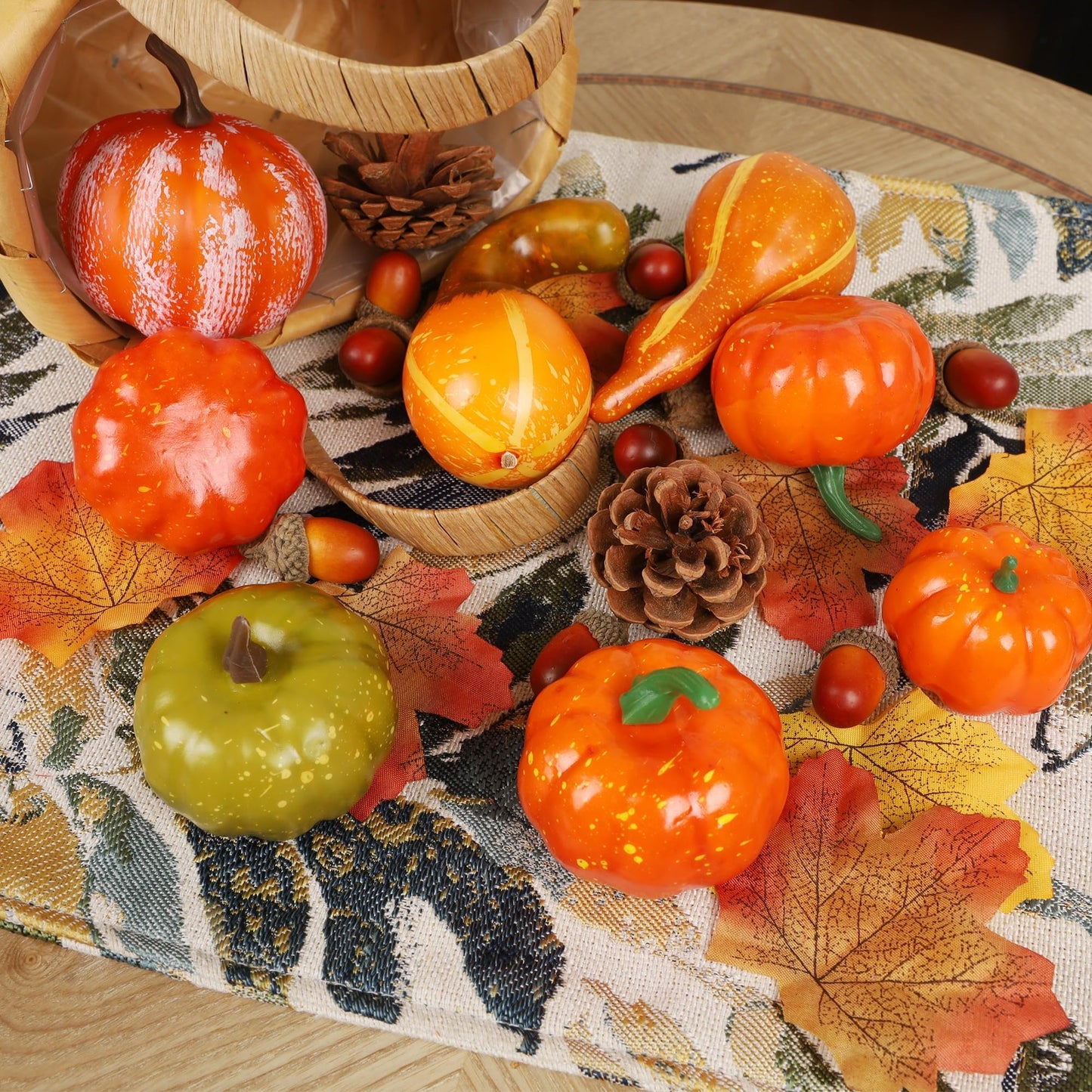 winemana Fall Decorations for Home-6pcs Mini Pumpkins & 2pcs Gourds, 30pcs Leaves & 10pcs Acorns, 2pcs Pinecones Centerpiece Set-Harvest Decor for Table Mantel (Largest: 4.5" x 2.1")