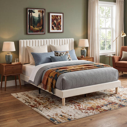 Garvee King Size Velvet Bed Frame, Vertical Channel Tufted Headboard, Height Adjustable, Upholstered Platform Bed, No Box Spring Needed, Beige