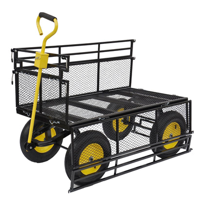 Heavy-Duty Iron Garden Cart Wagon with 1100 lbs Capacity, 15 inch Pneumatic Tires for Firewood, Debris & Outdoor Tasks - 55" L x 24" W x 46.8" H,Yellow & Black