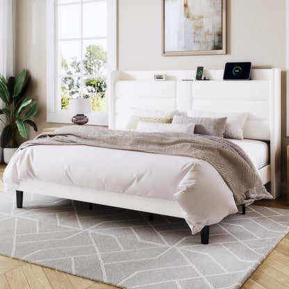 Allewie King Size Platform Bed Frame with Charging Station & Storage Headboard, Upholstered Velvet Wingback Design & USB Port, Strong Wooden Slats Support, No Box Spring Needed, Easy Assembly, White