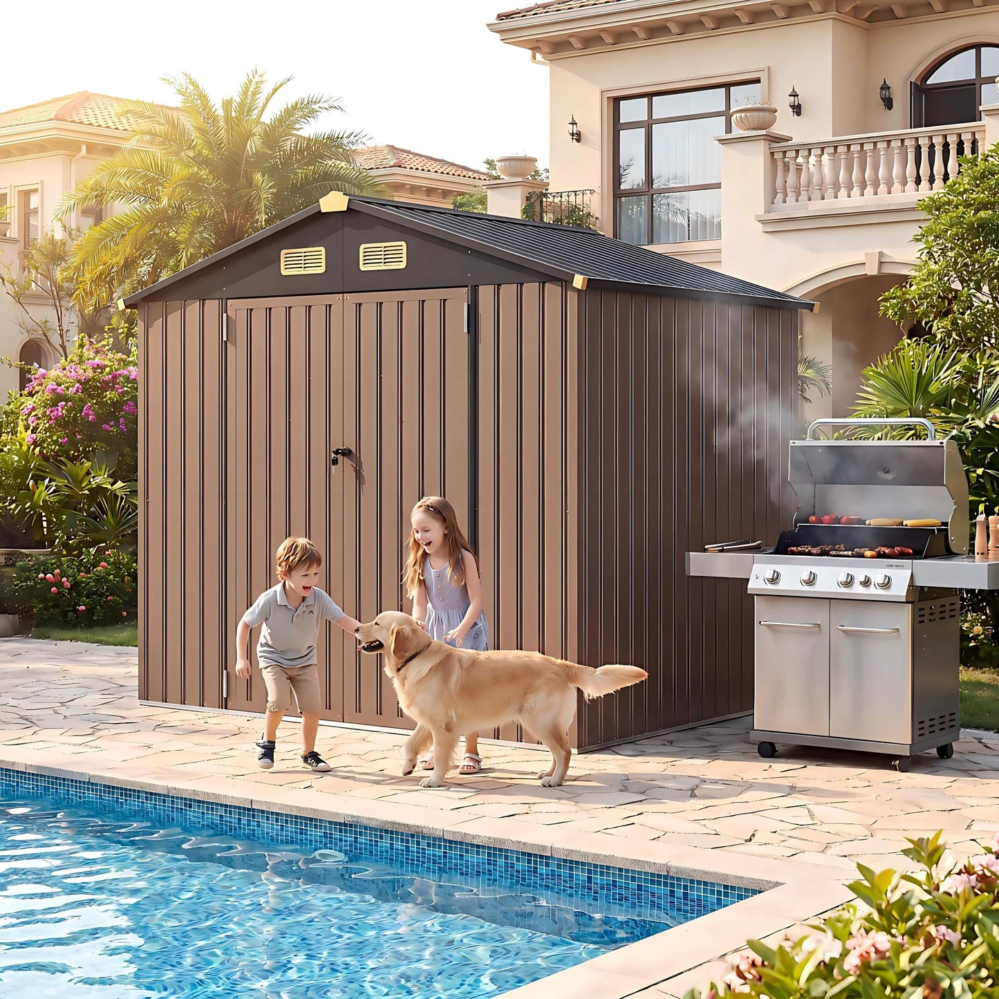 IRONCK 6×8 FT Shed, Galvanized Steel Tool Storage Shed with Lockable Double Doors & Ventilation, Outdoor Utility Storage for Wheelbarrow, Bikes, Yard Bins, Black Brown