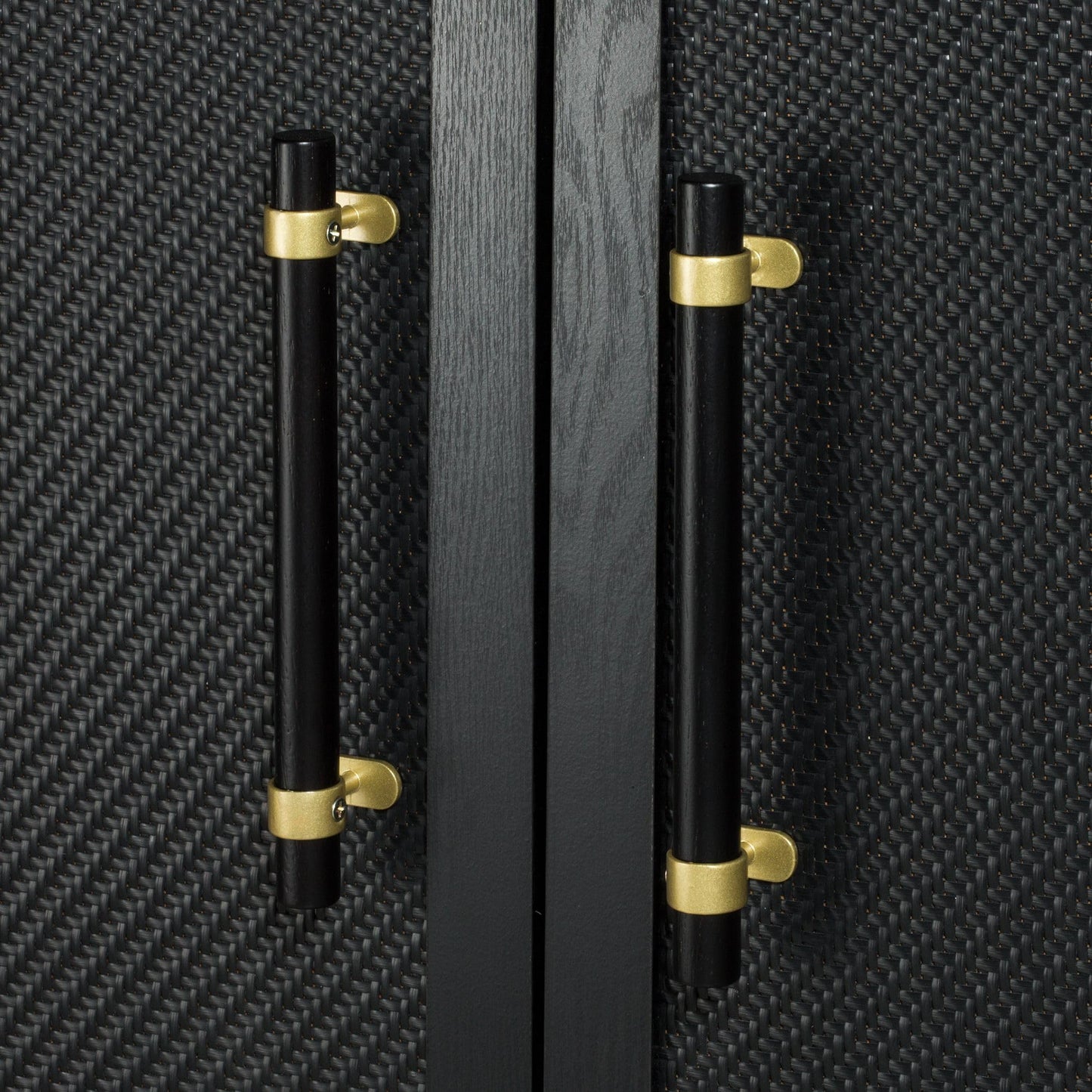 Hopper Studio Sophia 2-Door Accent Cabinet, Black Finish with Rattan Doors & Wood/Brass Handles, Adjustable Shelf, Aluminum Legs, Mid-Century Modern Storage for Luxury Living Room, Kitchen, Entryway