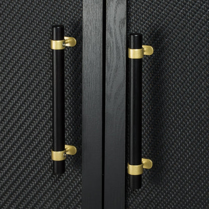 Hopper Studio Sophia 2-Door Accent Cabinet, Black Finish with Rattan Doors & Wood/Brass Handles, Adjustable Shelf, Aluminum Legs, Mid-Century Modern Storage for Luxury Living Room, Kitchen, Entryway