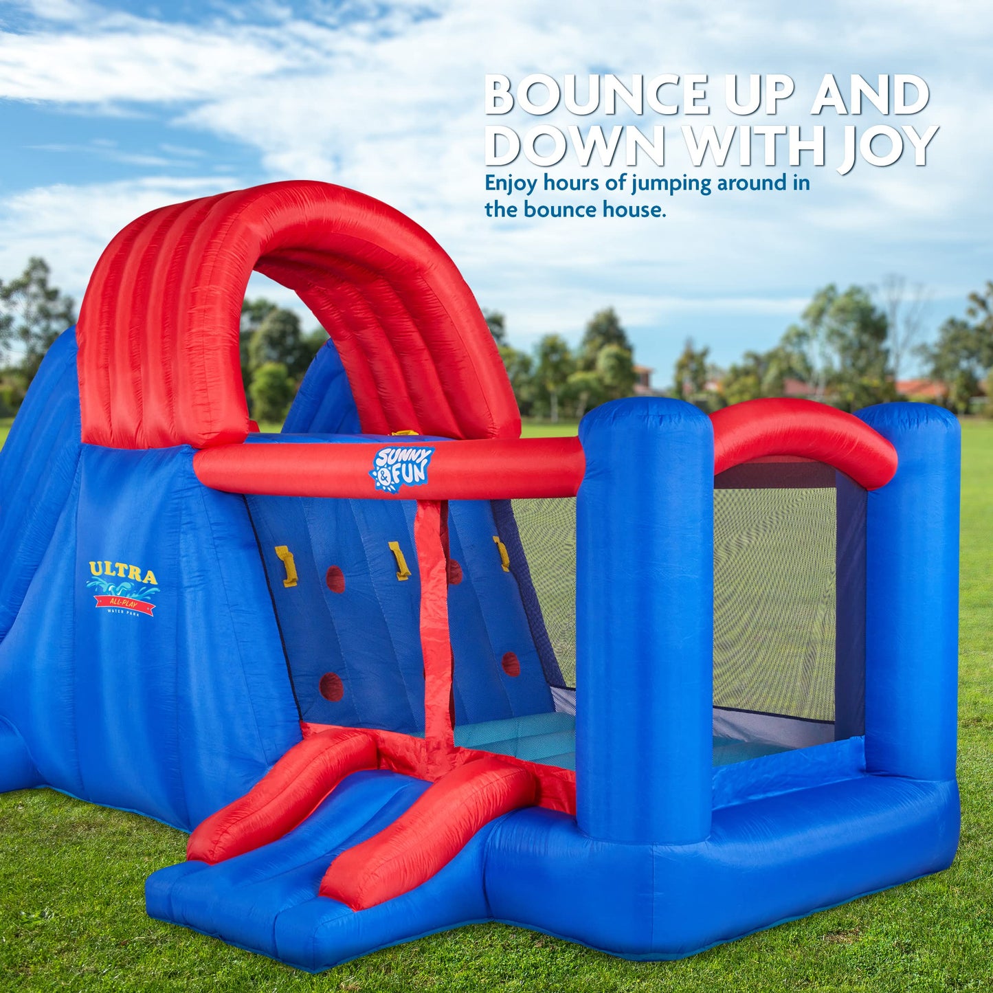 Sunny & Fun Ultra All-Play Inflatable Water Slide Park – Heavy-Duty for Outdoor Fun - Climbing Wall, Slides, Bounce House, Volley Net, Hoop, Deep Pool – Inflate w/Included Air Pump & Carrying Case