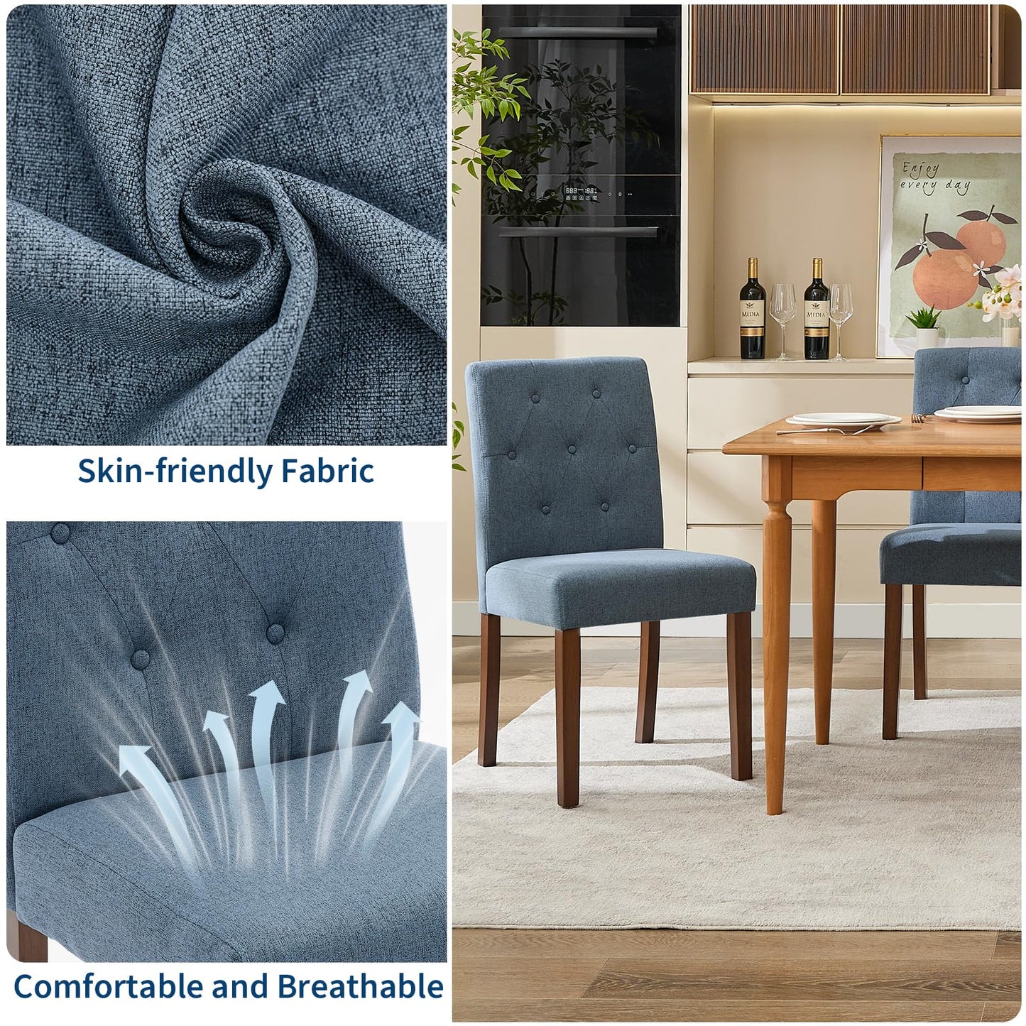 IDEALHOUSE Dining Chairs Set of 6, Linen Fabric Upholstered Parsons Chairs with Rubberwood Legs, Comfortable Padded Seat Kitchen, Dining Room Side Chairs, Living Room Blue