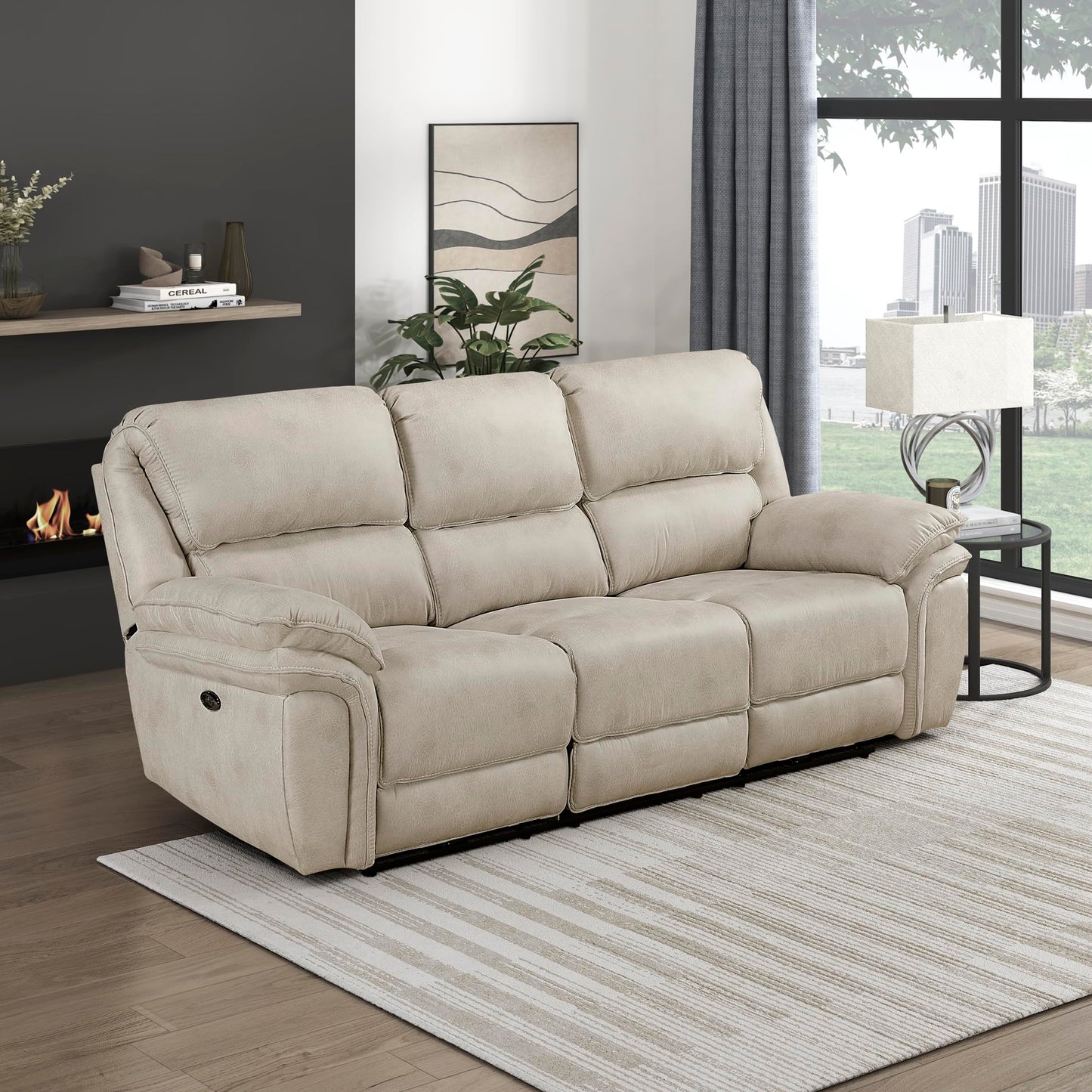 Lexicon Power Double Reclining Sofa, Polished Microfiber Wall Hugger Sofa Recliner for Living Room Comfort, Charging Port, Pillow Top Arms, Attached Cushions, Sand