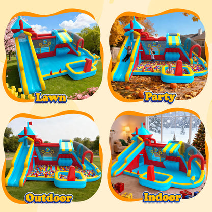Inflatable Bounce House with Double Slide, Water Slide with Jumping Area, 10 in 1 Large Bounce Castle, Splash Pool, Climbing Wall, Toy Stand, Water Cannon, Basketball, Tunnel, Outdoor, Indoor, Blue