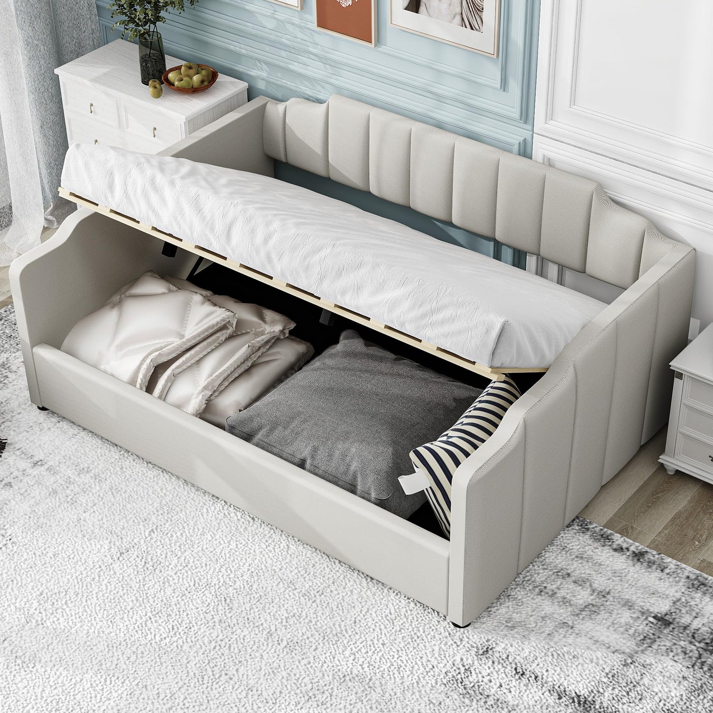 Merax Full Size Upholstered Daybed, Sofa Bed Frame with Underneath Storage, Space-Saving Corner Day Bed for Living Room Bedroom & Guest Room, No Box Spring Needed, Beige