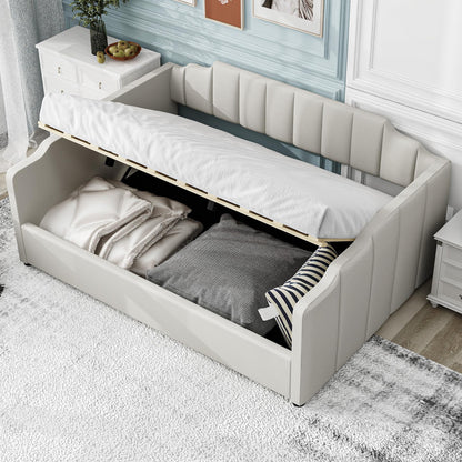 Merax Full Size Upholstered Daybed, Sofa Bed Frame with Underneath Storage, Space-Saving Corner Day Bed for Living Room Bedroom & Guest Room, No Box Spring Needed, Beige