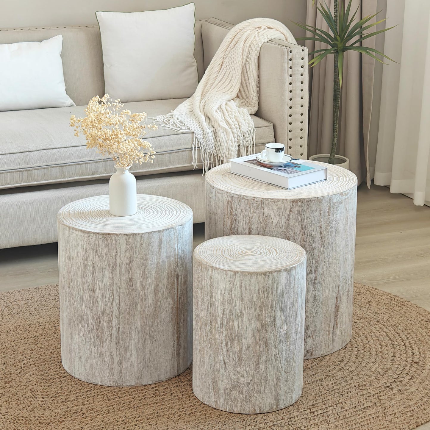 KEIKI Round Coffee Table Set of 3, Modern Wood Nesting Coffee Table with Tree Rings Texture for Living Room, Antique White
