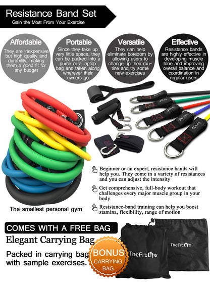 TheFitLife Exercise Resistance Bands with Handles - 5 Fitness Workout Bands Stackable up to 110/150 lbs, Training Tubes with Large Handles, Ankle Straps, Door Anchor Attachment, Carry Bag (150 LBS)