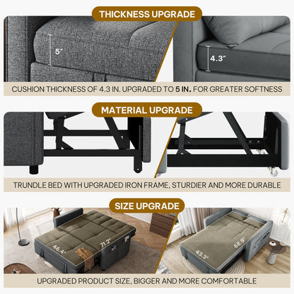YITAHOME 55" Convertible Sofa Bed, 3-in-1 Sleeper Sofa with Iron Frame Pull-Out Bed, Linen Futon Couch with Reclining Backrest and Side Pocket, Modern Loveseat for Living Room Bedroom Apartment, Grey