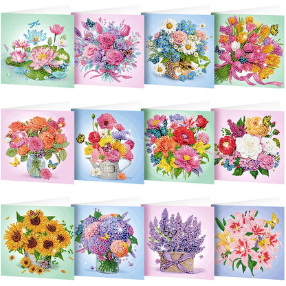 Saillong 12 Pack Flower Diamond Painting Greeting Card Kits DIY Pastel Floral Diamond Art Cards with Envelopes Flower 5D Rhinestones Paint Card for Adults DIY Craft Family Friend Birthday Gifts
