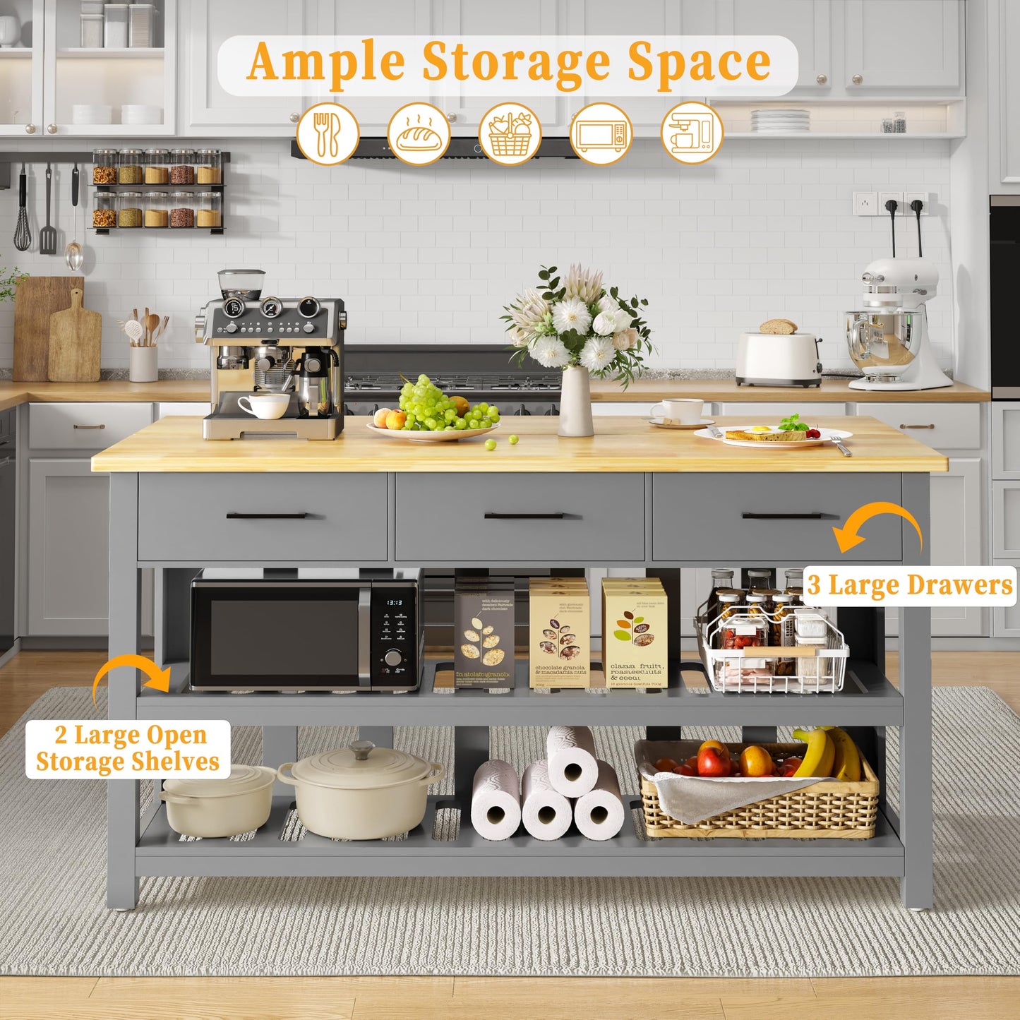 DynJest 60" Solid Rubberwood Kitchen Island with Power Outlets - Extra Large Work Surface, 3 Drawers & 2 Open Shelves Storage Cabinet for Kitchen Dining Room, Farmhouse Style (Grey)