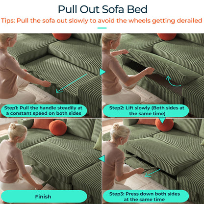 LINSY HOME Pull Out Sofa Bed Sectional Sleeper Sofa with Storage, Plush Corduroy Pullout Modular Sectional Couches for Living Room, U Shaped Convertible Couch Bed for Apartment (Green)