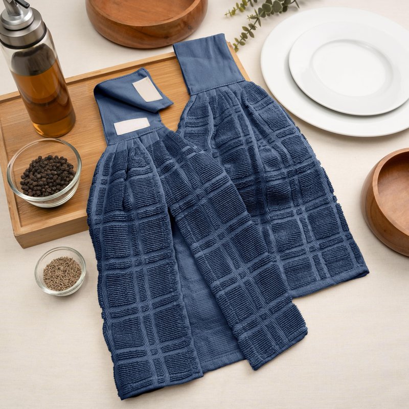 Blue Needles Hanging Kitchen Towels - Blue 100% Cotton Solid Kitchen Tie Towel, Set of 2 Hand Dish Cloth with Hanging Loops 9 x 17 Inches, Absorbent, Super Soft, and Fast Drying Home Essential