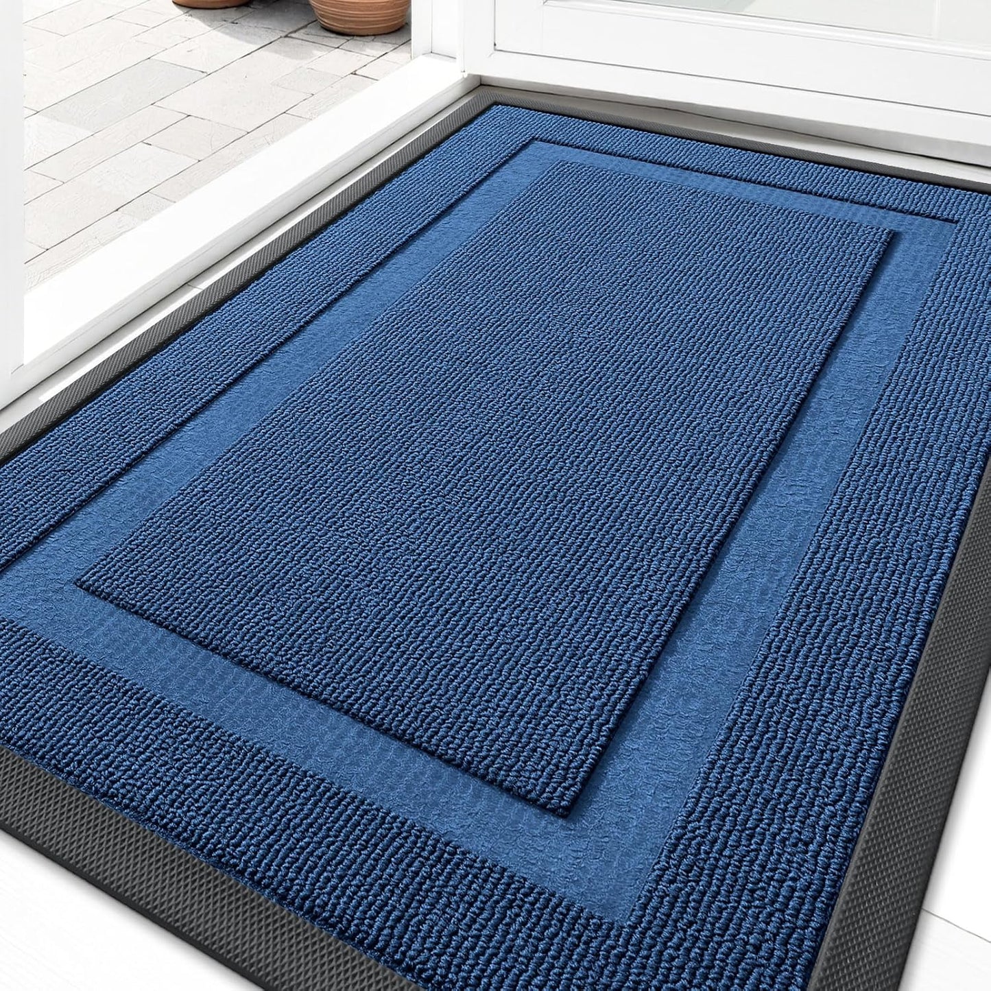 OLANLY Waterproof Front Door Mat - All-Season Natural Rubber Doormat | Easy Clean, Low Profile, 29.5x17, Navy Blue