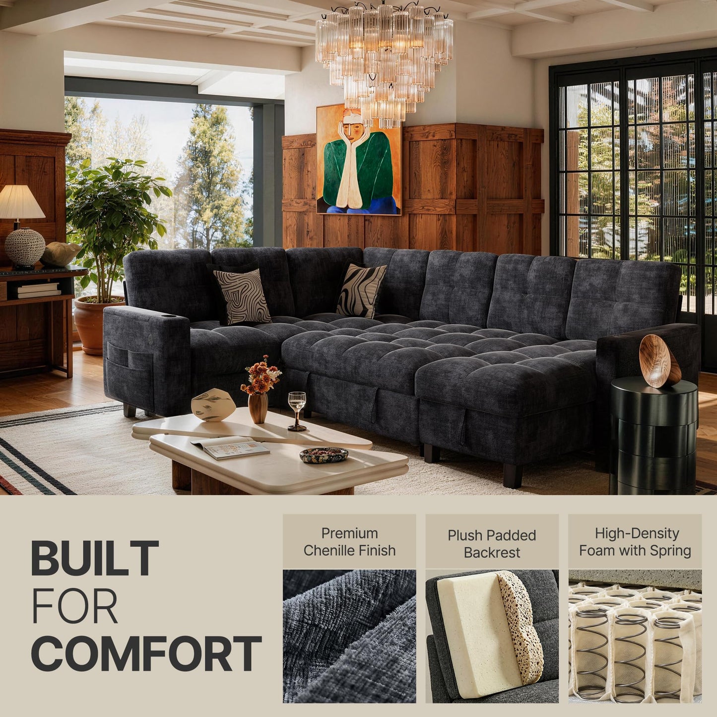 Marsail 110" Sectional Sleeper Sofa with Pull Out Bed, 7 Seat Modular Sectional Couch with Storage, USB & Cup Holders, Modern Chenille Cloud Sofa for Living Room, Dark Gray