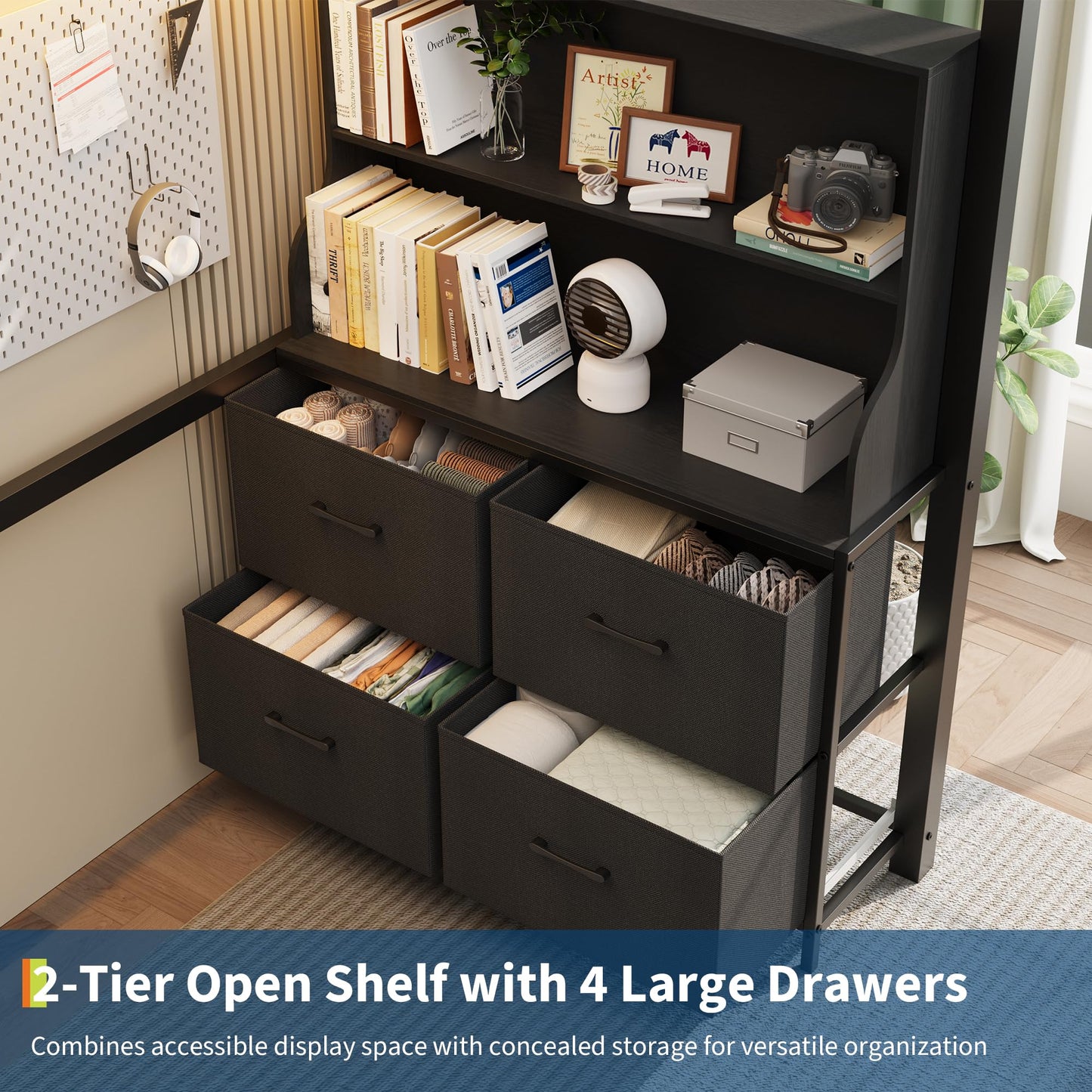 GarveeHome Loft Bed Twin Size with Desk, 4 Large Fabric Drawers and 2 Storage Shelves, Heavy Duty Metal Loft Bed with LED Lights & Charging Sation, Safety Guard & Ladder, No Box Spring Needed, Black