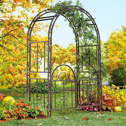 Plow & Hearth Arch Metal Outdoor Garden Arbor Double Gate | Montebello | 7 Feet Tall | Gunmetal Black | Steel Iron Trellis Lattice Climbing Plants & Heavy Vines