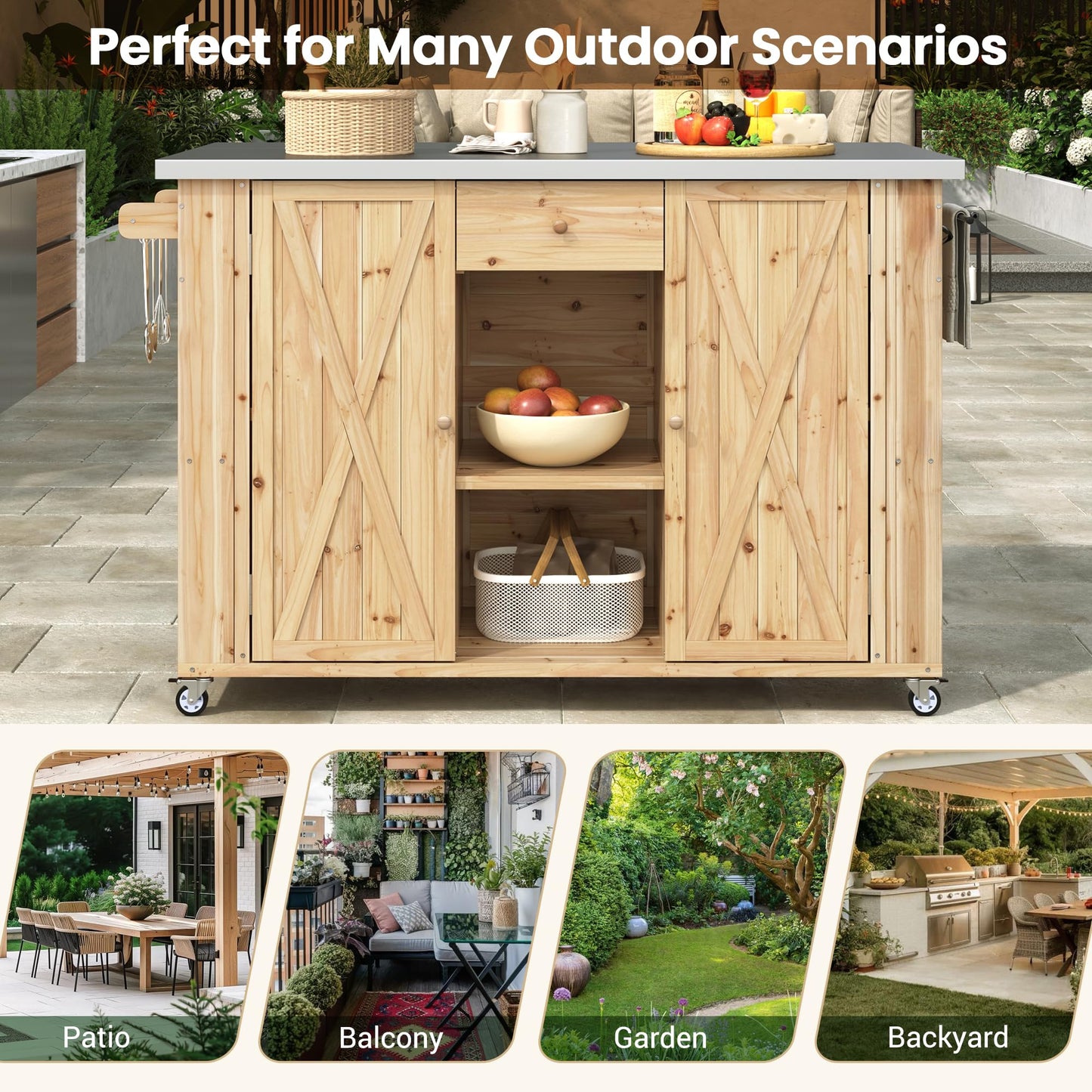 52.25" W Outdoor Grill Cart Table with Stainless Steel Tabletop, Patio Kitchen Island Storage Cabinet for BBQ, Bar