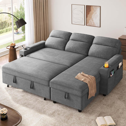 DWVO Convertible Sleeper Sofa with Adjustable Backrest & Pull Out Bed, L-Shaped Sectional Sofa Bed with Armrest & USB Port, Upholstered Sectional Couch for Living Room, No-Tool Assembly, Grey