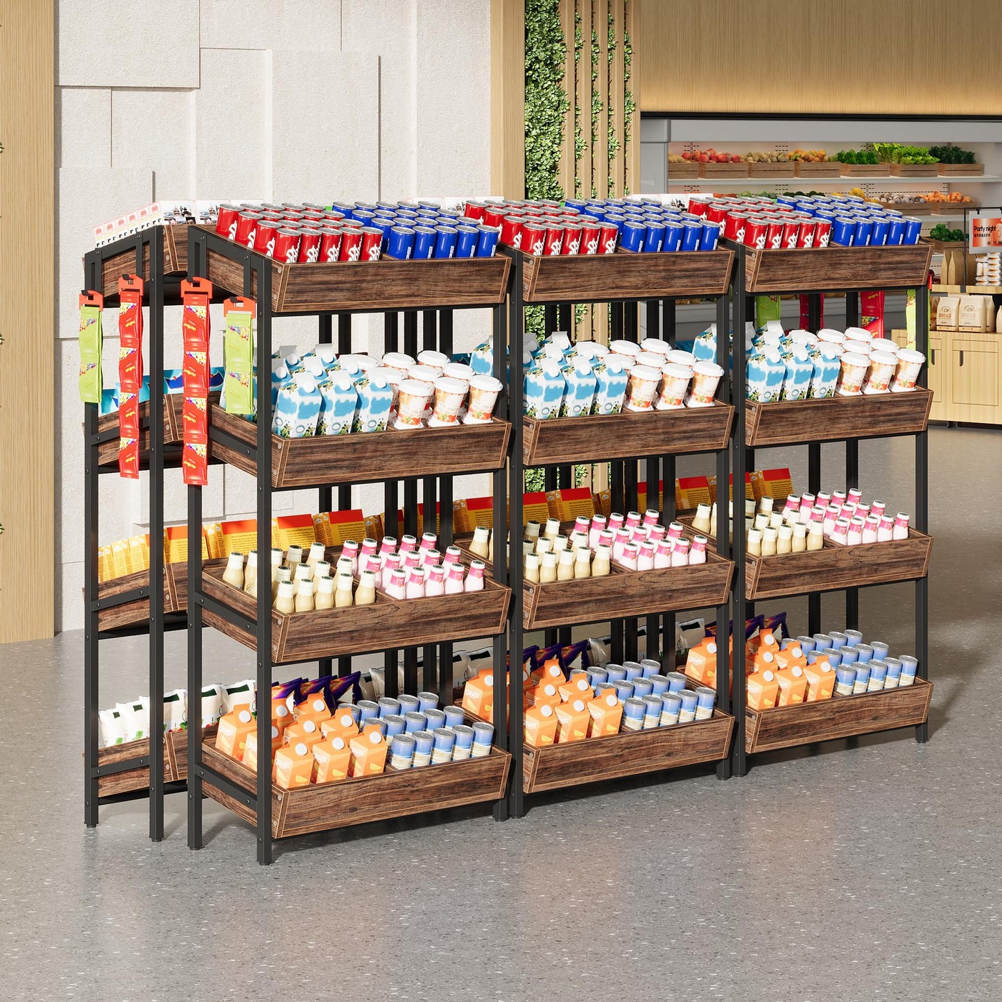 Tribesigns 4-Tier Retail Display Rack Set of 6, Heavy-Duty Commercial Display Stand for Candy, Vegetables, Snacks, Industrial Storage Shelf with Hooks for Retail Store (6, Brown+Black)