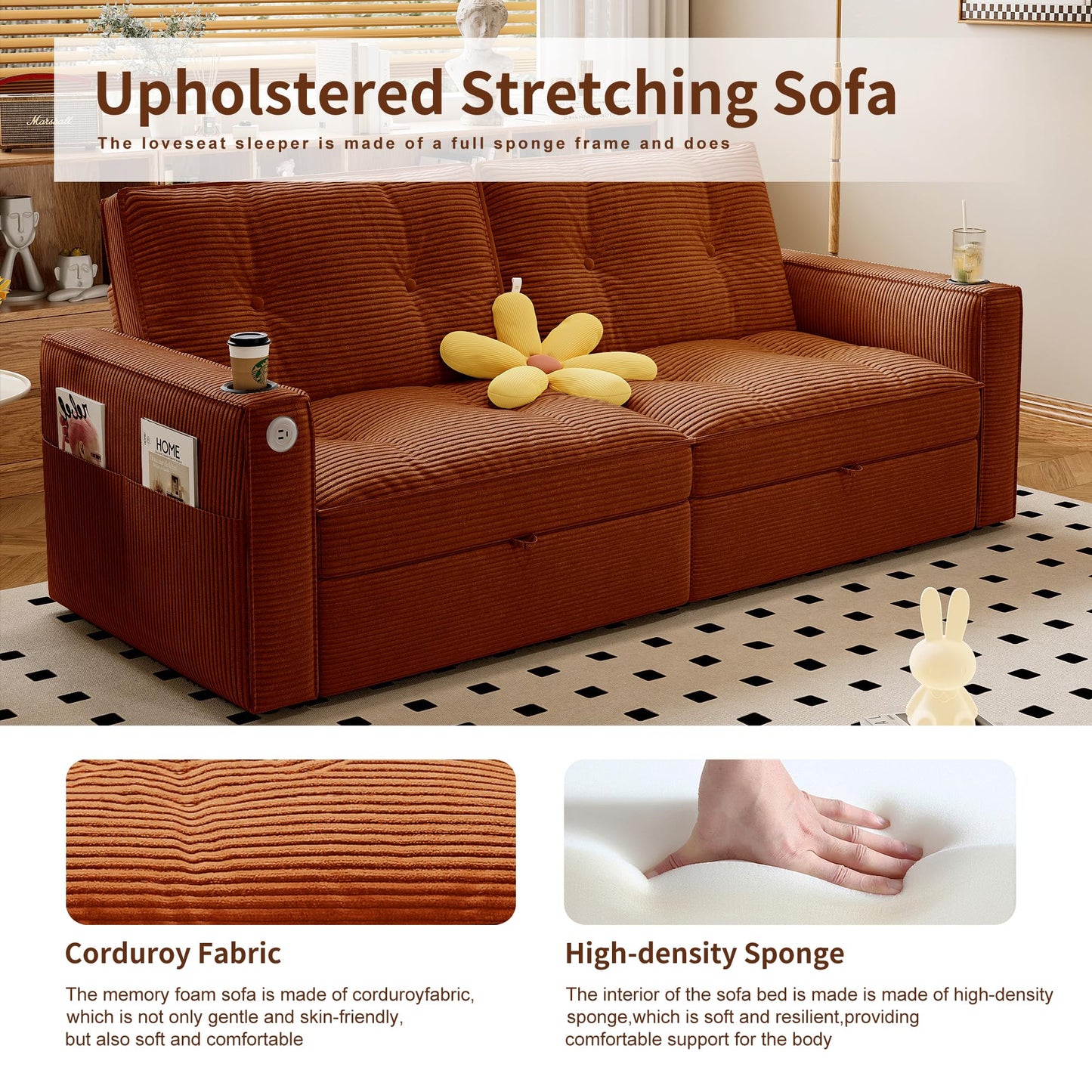 KEIKI Convertible Sofa Bed, 3 in 1 Pull Out Couch, 73" Pull Out Sofa Bed with Side Pocket for Living Room, Bedroom, Small Space, Orange