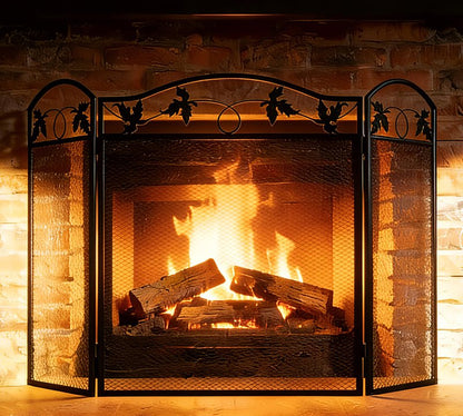 Calidola 3-Panel Foldable Black Steel Fireplace Screen Spark Guard Fence,Leaf Design Screen Metal Decorative Mesh Cover