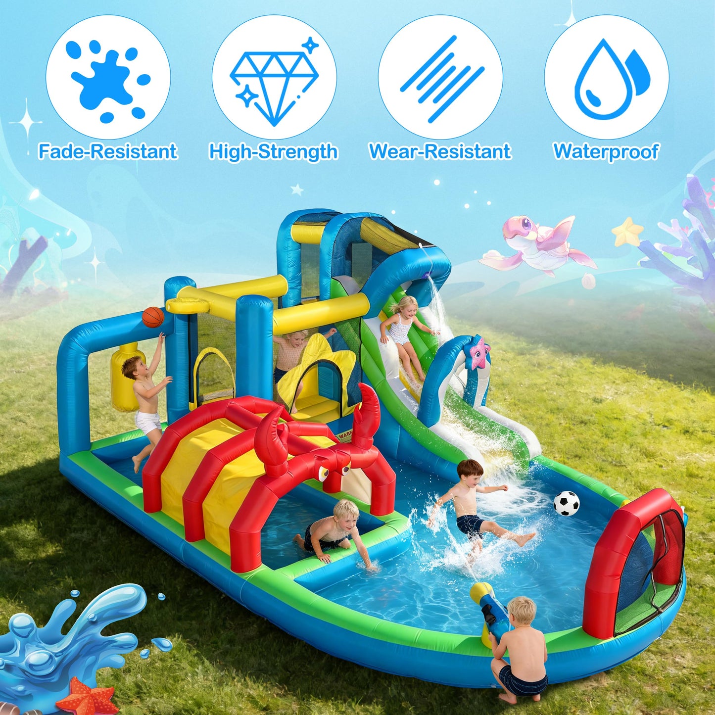 TOAOB Inflatable Water Slide for Kids 3-12: 8 in 1 Ocean-Themed Blow Up Backyard Water Park with 550W Blower for Outdoor Birthday Party