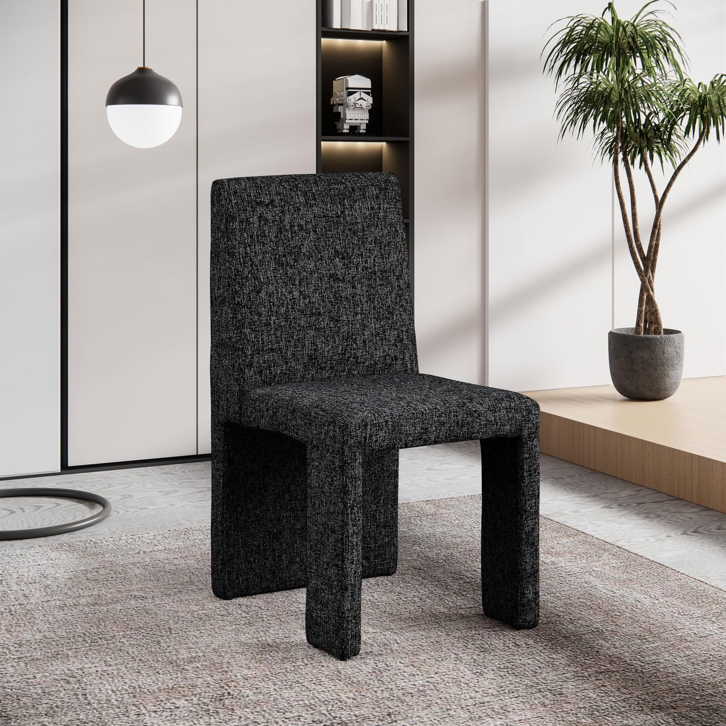 Meridian Furniture 751Black-C Benson Collection Art Deco Dining Chair with Rich Black Linen Textured Fabric Upholstery, Fabric with Weave, Iron Inner Frame, 18.5" W x 22.5" D x 35" H, Black, Set of 2