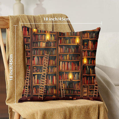 18x18 Inch Set (Pack 2) Linen Throw Pillow Covers of - Retro Bookshelf, Vintage Grand Library Premium Couch Cushion