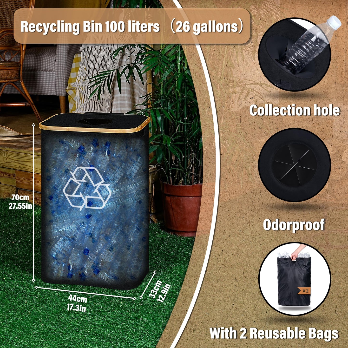efluky Recycling Bin for Kitchen 26 Gallon, 100L Recycle Bin with 2 Removeable and Reusable Inner Bag, Large Recycling bin with lid for Bottle Can Plastice Stickers (Black)